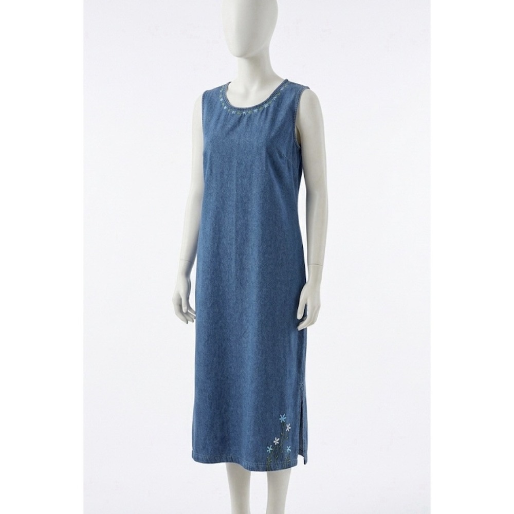 Vtg Real Comfort Denim Sleeveless Midi Dress Floral Embroidered Slit Zip XL